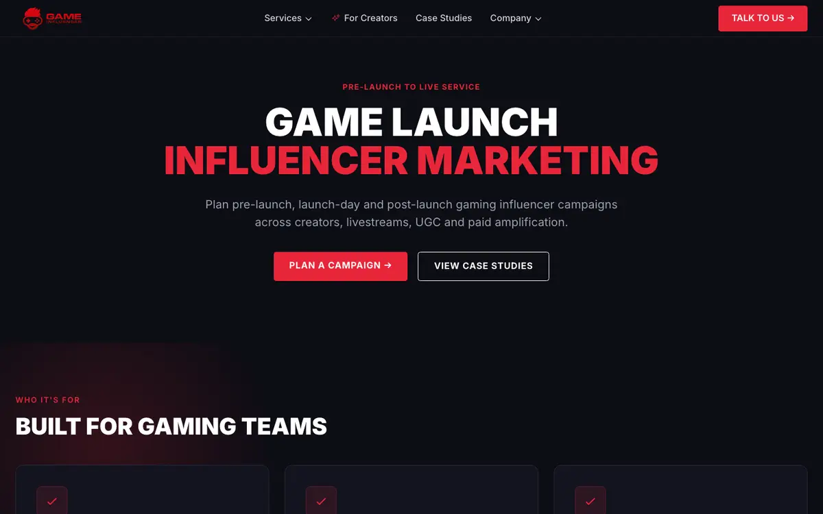 GameInfluencer game launch page — "Game Launch Influencer Marketing", October 2026