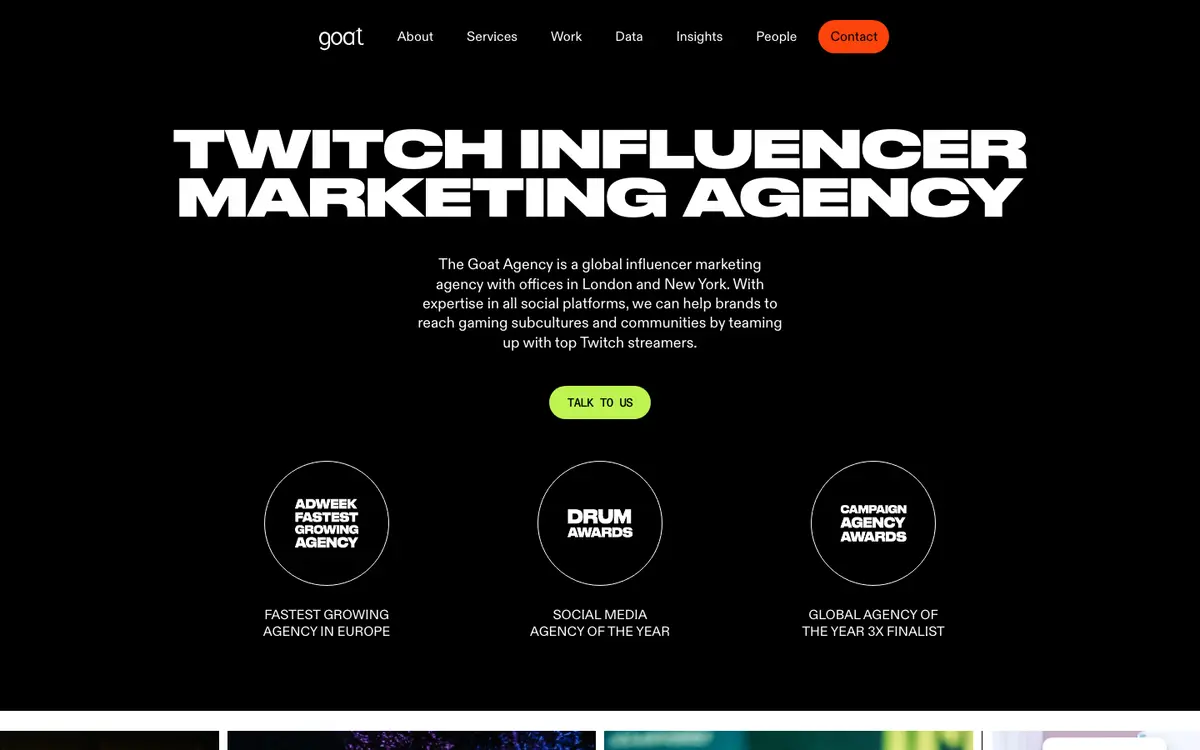 The Goat Agency Twitch page — "Twitch Influencer Marketing Agency", October 2026