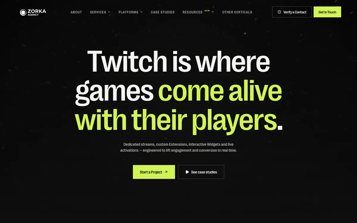 Zorka.Agency Twitch campaigns page — "Twitch is where games come alive with their players.", October 2026