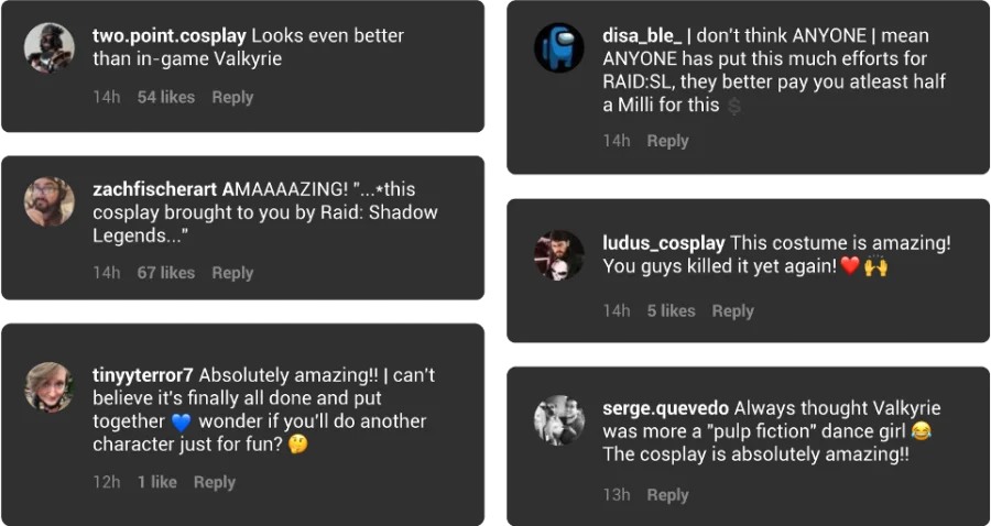 Wall of audience comments praising the costume and the game across platforms.